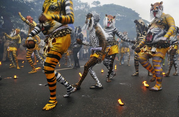 Τιμητική διάκριση: Καλλιτέχνες ζωγραφισμένοι ως τίγρεις σε καρναβάλι στην Κεράλα.